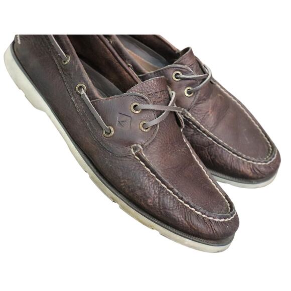 Sperry Dark Brown Leather Loafer Boat Men 9M Lace Up Casual Preppy 2 Eye Moc Toe - Picture 1 of 8